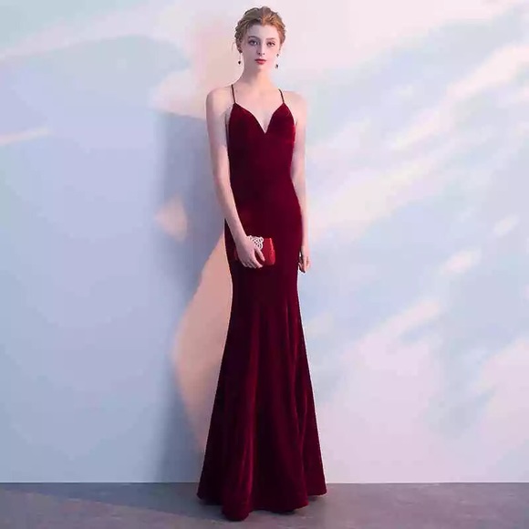 The Ashley Opoku Collection Dresses & Skirts - Ashley Opoku Burgundy Velvet Spaghetti Strap Dress